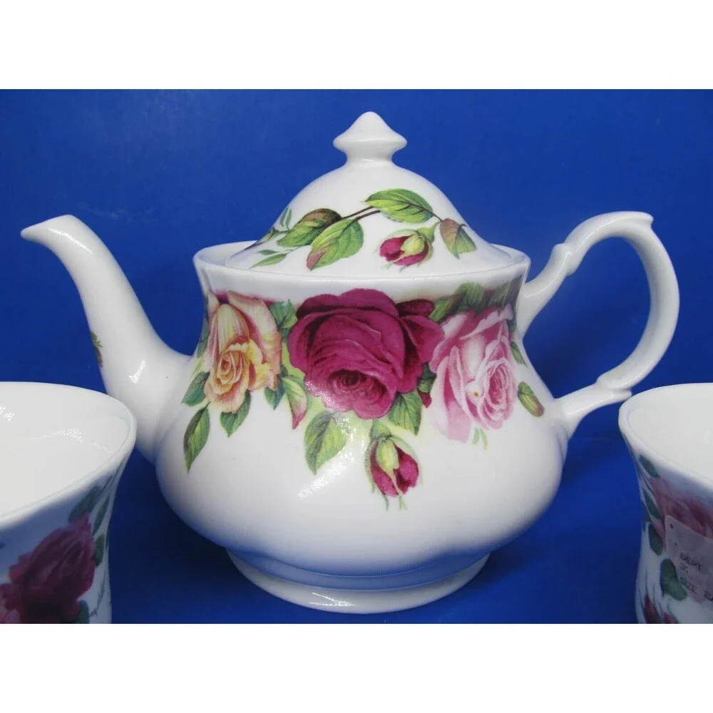 Roy Kirkham Garden Rose Teapot And 2 Tea Cups Excellent